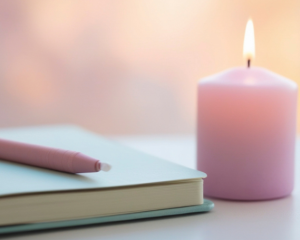 Une bougie à côté d'un carnet de notes pour illustrer la biographie d'une personne décédée